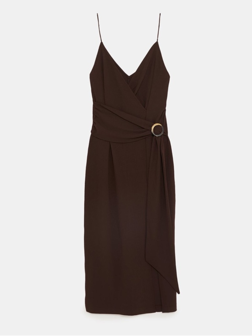 Zara Dark Brown Wrap Midi Dress with Waist Ring